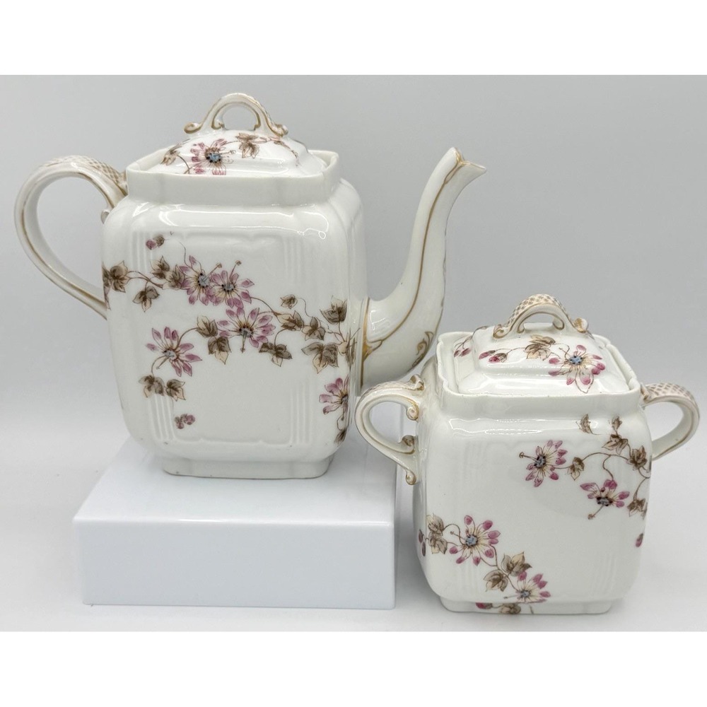 Haviland Limoges Porcelain Teapot and Covered Sugar Bowl Schleiger 373 EUC
